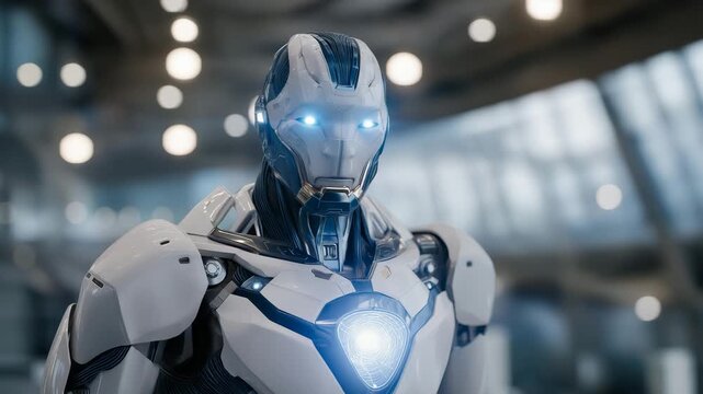 Synthetic humanoid figure standing in research facility with bio-core system glowing inside, highlighting robotic generative technology, biotechnology fusion, and speculative reproduction