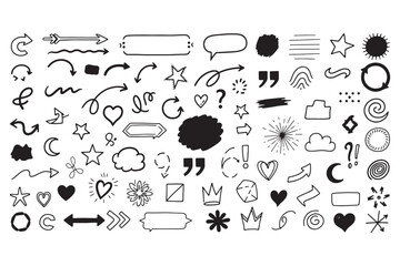 Extensive collection of handdrawn doodle elements isolated on white background, featuring arrows, hearts, stars, and speech bubbles for versatile designs vector illustration