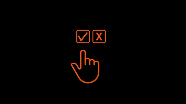 Orange hand cursor pointing to a checkmark in a square box with a cross in another box pointer finger
