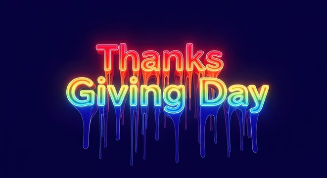 Thanksgiving day neon sign with colorful dripping effect on dark background