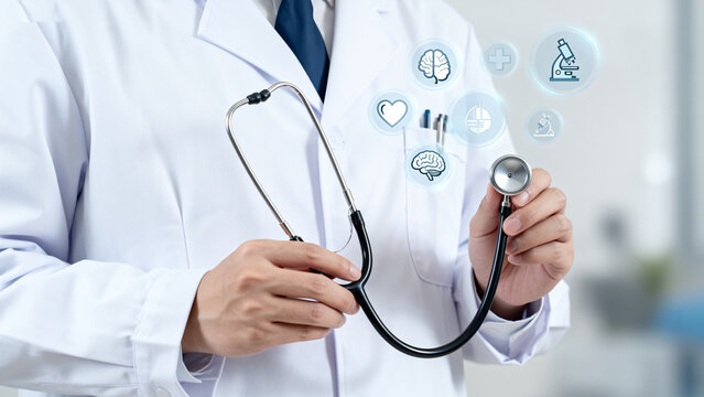 Doctor with stethoscope and medical icons