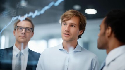 Executives pointing at floating holographic graphs and transparent displays projecting revenue forecasts, stock market charts, and KPI metrics in modern office, representing digital innovation and - Powered by Adobe