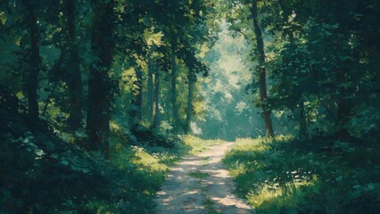Obraz premium 朝の森の小道 柔らかな光に包まれた自然風景アート