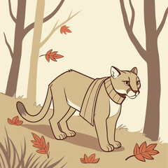 Fototapeta premium A tan cartoon cougar wearing a striped scarf stands among falling autumn leaves.