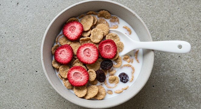 Healthy morning breakfast bowl with cornflakes fresh sliced strawberries and milk.