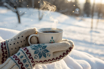 A steaming cup of herbal tea in a ceramic mug, gently held by hands in knitted winter gloves. Snowy outdoor background with soft falling snowflakes and warm steam rising from the mug. Cozy winter mood