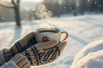 A steaming cup of herbal tea in a ceramic mug, gently held by hands in knitted winter gloves. Snowy outdoor background with soft falling snowflakes and warm steam rising from the mug. Cozy winter mood