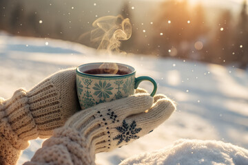 A steaming cup of herbal tea in a ceramic mug, gently held by hands in knitted winter gloves. Snowy outdoor background with soft falling snowflakes and warm steam rising from the mug. Cozy winter mood