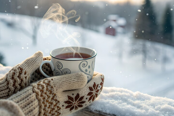 A steaming cup of herbal tea in a ceramic mug, gently held by hands in knitted winter gloves. Snowy outdoor background with soft falling snowflakes and warm steam rising from the mug. Cozy winter mood