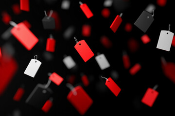 Black background with floating red and white sale tags, minimalist composition, Black Friday concept, high quality stock photo, natural light, ultra realistic