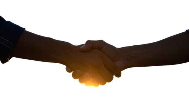 Closeup of a handshake with sunlight shining through isolated on transparent background
