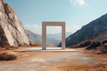 Monument stands in a mountain landscape with clear sky and vibrant scenery