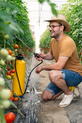 Man Wearing Straw Hat Watering Tomato Plants Indoors In Bright Greenhouse Smiling Cheerfully