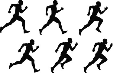Dynamic running silhouette sequence showing sprint motion cycle, athlete training illustration, human biomechanics movement, sports exercise vector design for fitness concepts