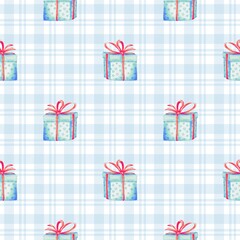 Seamless pattern with watercolor blue gift boxes tied with red ribbon on soft blue plaid background. Perfect for Christmas, birthday festive wrapping, textiles, greeting cards, holiday decorations