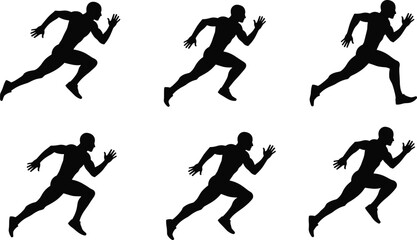 Dynamic running silhouette sequence showing sprint motion cycle, athlete training illustration, human biomechanics movement, sports exercise vector design for fitness concepts