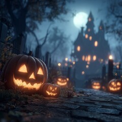 Fototapeta premium Enigmatic halloween night: haunted house with glowing pumpkins in a dark forest. Advertising photo. Evolving halloween atmosphere: from subtle to detailed with pumpkins and house.