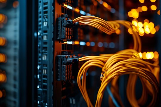 Close-up of network server with connected orange cables and blinking lights in data center