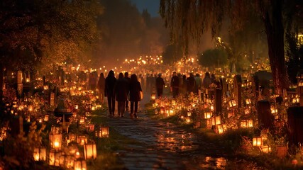 All Souls' Day Cemetery Illumination: People Walking Among Lanterns and Gravestones on a Foggy Night