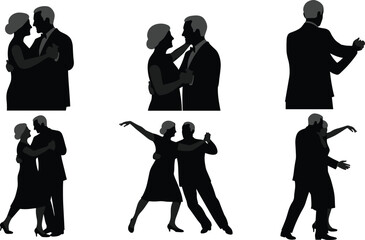 Elegant ballroom dance couple silhouettes in formal attire performing romantic partner choreography, graceful movement, tango, waltz, salsa, passion, performance, celebration
