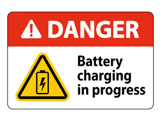 Danger Sign Warning Battery Charging in Progress with Triangular Symbol on White Background and Prominent Red Header