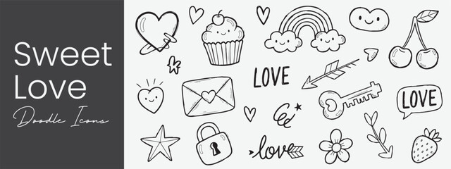 Sweet Love Doodle Icon Set Hearts Rainbows Cupcakes and More Cute Valentines Day Graphics Romantic Elements Sketch