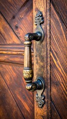 Ornate door handle on wooden door