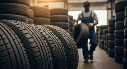 Selective focus on piles of tire with african american auto mechanic carrying tires in a blurry background.