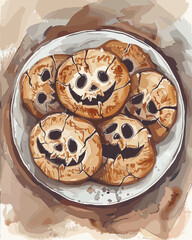 A digital watercolor illustration shows a plate of cracked Halloween cookies shaped like smiling pumpkins and skulls, blending spooky fun with cozy autumn artistry.