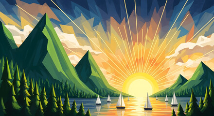  Scenic Sunrise Over a Mountain Lake with Pine Forest, Canoes, and Glowing Sunburst