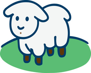 A cute cartoon sheep stands on a green grassy patch, radiating a calm and friendly countryside charm.