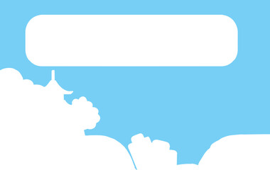 A minimalist landscape silhouette with a pagoda, trees, and hills against a bright blue sky featuring a rounded rectangular space for text.