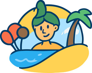 A cheerful cartoon illustration of a person enjoying a sunny beach scene with palm trees, blue water, and a yellow sand background.
