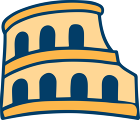 A colorful cartoon illustration of the Roman Colosseum with curved arches and warm yellow tones in a playful flat style.