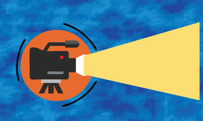 Modern flat design video camera recording with bright light beam on abstract blue background symbolizing filmmaking creativity
