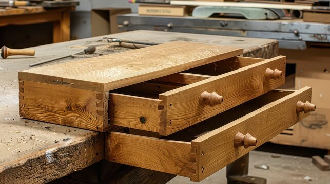Exquisite handcrafted wooden box with dual drawers, showcasing dovetail joinery and unique wooden pulls, perfect for artisanal storage solutions.