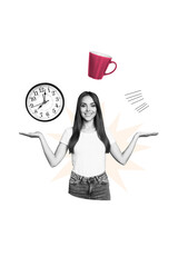 Vertical photo collage of happy girl business worker hold multitask cup break time clock management...