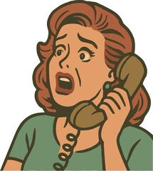 A shocked retro-style woman holding a vintage telephone receiver, drawn in 1950s comic art style with expressive emotion and muted earthy tones.