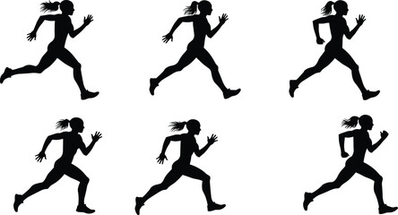 Female running silhouette sequence showing athletic woman in motion cycle, fitness jogging posture, sports training exercise, dynamic movement vector illustration design