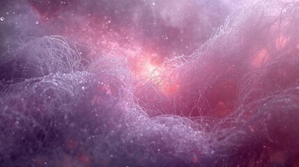 Obraz premium Dreamy and abstract macro texture resembling soft, swirling lavender or mauve-colored fibers or yarn, illuminated by a central pink-red glow and covered in fine sparkling dust or glitter.