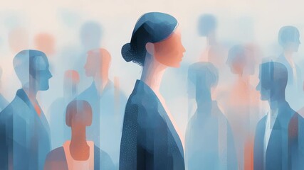 Abstract Illustration of a Confident Businesswoman Standing Out From the Crowd, Leadership, Success, and Individuality Concept, Blue and Orange Palette