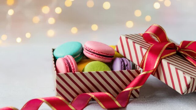 Assorted colorful macarons in an open gift box with red ribbon and candy stripe pattern. Light festive bokeh in background. Sweet and joyful holiday food presentation.