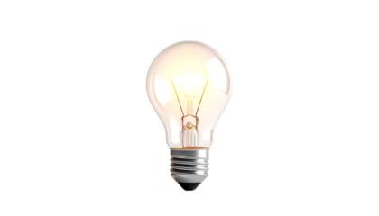 A glowing light bulb isolated on transparent background illuminates a bright idea