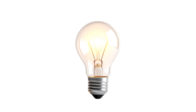 A glowing light bulb isolated on transparent background illuminates a bright idea