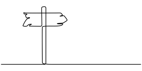 Obraz premium Continuous line drawing of wooden direction signboard on post. Vector sketch of old guidepost with board in shape of arrow in one black contour isolated on white background. 