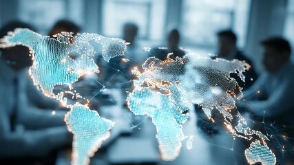 Global Business Meeting with Digital World Map Overlay, International Collaboration and Technology Integration, Corporate Strategy and Globalization Concept - Powered by Adobe