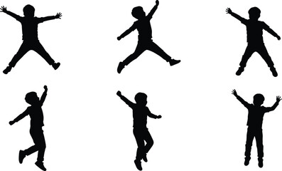 Jumping children silhouettes collection of playful kids celebrating happiness, joy, freedom, fun, energy, childhood, excitement, dance, movement, vector illustration