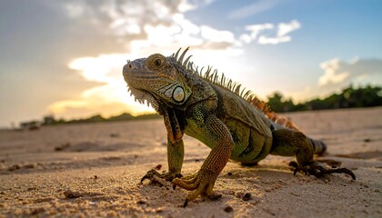 Fototapeta premium Green Iguana Reptile on Sandy Beach at Sunset.