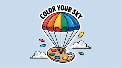 Fototapeta premium Rainbow parachute descends with artist's paint palette and colorful drops on light blue sky background