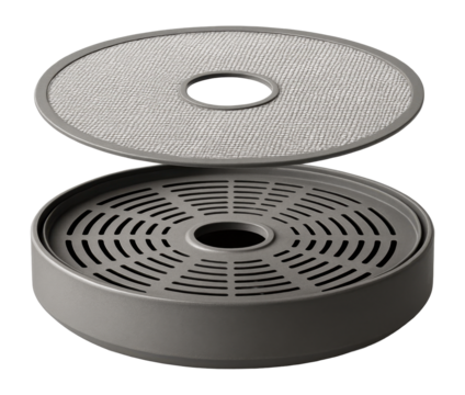 Flat dehydrator with removable mesh sheet for easy cleaning after drying herbs.